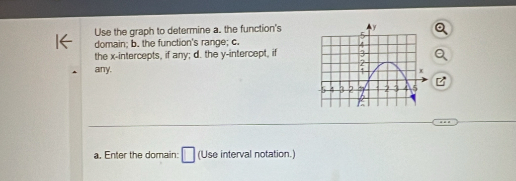 Use the graph to determine a. the function's 
domain; b. the function's range; c. 
the x-intercepts, if any; d. the y-intercept, if 
any. 
a. Enter the domain: □ (Use interval notation.)