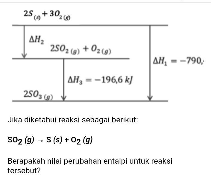 Jika diketahui reaksi sebagai berikut:
SO_2(g)to S(s)+O_2(g)
Berapakah nilai perubahan entalpi untuk reaksi
tersebut?