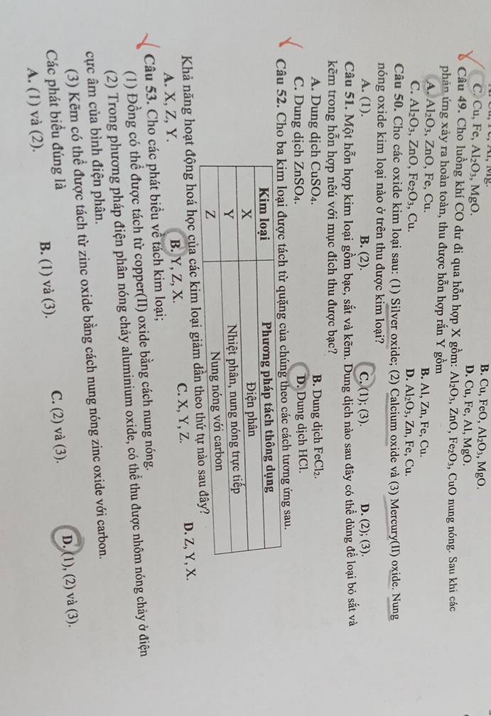 B. Cu,F cO, Al_2O_3 MgO.
C. Cu, Fe, Al_2O_3,MgO. D. Cu, Fe, Al, MgO.
Câu 49. Cho luồng khí CO dư đi qua hỗn hợp X gồm: Al_2O_3,ZnO, Fe_2O_3 , CuO nung nóng. Sau khi các
phản ứng xảy ra hoàn toàn, thu được hỗn hợp rắn Y gồm
A. Al_2O_3,ZnO, , Fe, Cu. B. Al, Zn, Fe, Cu.
C. Al_2O_3,ZnO,Fe_2O_3 , Cu. D. Al_2O_3 , Zn, Fe, Cu.
Câu 50. Cho các oxide kim loại sau: (1) Silver oxide; (2) Calcium oxide và (3) Mercury(II) oxide. Nung
nóng oxide kim loại nào ở trên thu được kim loại?
A. (1). B. (2). C. (1); (3). D. (2); (3).
Câu 51. Một hỗn hợp kim loại gồm bạc, sắt và kẽm. Dung dịch nào sau đây có thể dùng để loại bỏ sắt và
kẽm trong hỗn hợp nêú với mục đích thu được bạc?
A. Dung dịch CuSO_4. B. Dung dịch FeCl_2.
C. Dung dịch ZnSO_4. D. Dung dịch HCl.
Câu 52. Chủa chúng theo các cách tương ứng sau.
Khả năng hoạt động hoá học của các kim loại giảm dần theo
A. X, Z, Y. B. Y, Z, X. C. X, Y, Z. D. Z, Y, X.
Câu 53. Cho các phát biểu về tách kim loại;
(1) Đồng có thể được tách từ copper(II) oxide bằng cách nung nóng.
(2) Trong phương pháp điện phân nóng chảy aluminium oxide, có thể thu được nhôm nóng chảy ở điện
cực âm của bình điện phân.
(3) Kẽm có thể được tách từ zinc oxide bằng cách nung nóng zinc oxide với carbon.
Các phát biểu đúng là C. (2) và (3). D. (1), (2) và (3).
A. (1) và (2). B. (1) và (3).