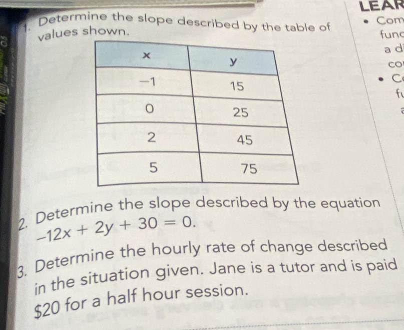 LEAR 
. Determine the slope described by the table of 
values shown. Com 
func 
a d 
CO 
C 
f 
2. Determine the slope described by the equation
-12x+2y+30=0. 
3. Determine the hourly rate of change described 
in the situation given. Jane is a tutor and is paid
$20 for a half hour session.