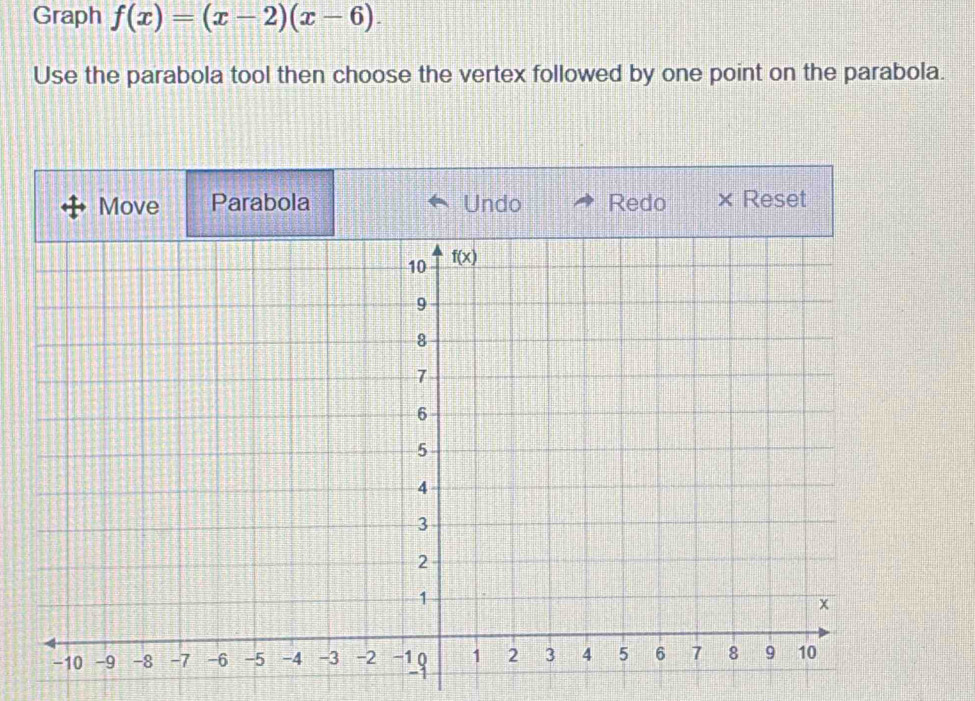 Graph f(x)=(x-2)(x-6).
Use the parabola tool then choose the vertex followed by one point on the parabola.
Move Parabola Undo Redo × Reset