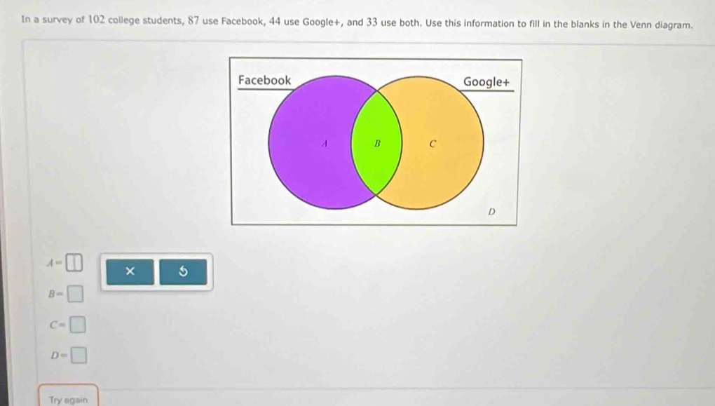 In a survey of 102 college students, 87 use Facebook, 44 use Google+, and 33 use both. Use this information to fill in the blanks in the Venn diagram. 
Facebook Google+ 
A B C
D
A=□ × 5
B=□
C=□
D=□
Try again