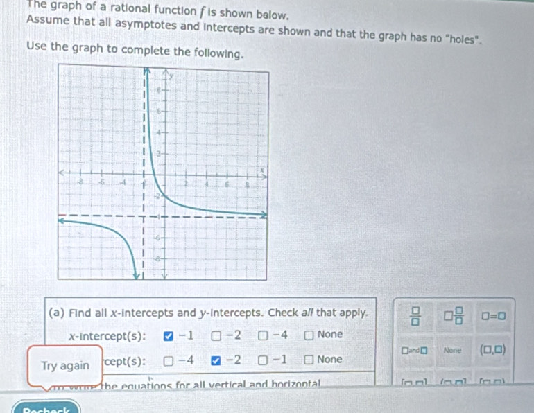 The graph of a rational function f is shown below.
Assume that all asymptotes and intercepts are shown and that the graph has no "holes".
Use the graph to complete the following.
(a) Find all x-intercepts and y-intercepts. Check al/ that apply.  □ /□   □  □ /□   □ =□
x-intercept(s): -1 -2 □ -4 None
Jand overline x None (□ ,□ )
Try again cept(s): □ -4 -2 □ ] -1 None
w the equations for all vertical and horizontal . /- n] f_ n
Dachack