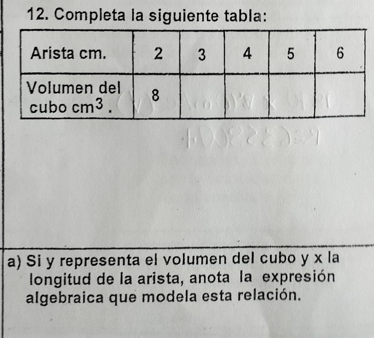 Completa la siguiente tabla:
a) Si y representa el volumen del cubo y x la
longitud de la arista, anota la expresión
algebraica que modela esta relación.