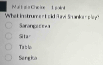 What instrument did Ravi Shankar play?
Sarangadeva
Sitar
Tabla
Sangita