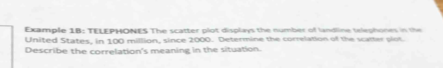 Example 1B: TELEPHONES The scatter plot displays the number of landline telephones in the 
United States, in 100 million, since 2000. Determine the correlation of the scatter plot. 
Describe the correlation's meaning in the situation.