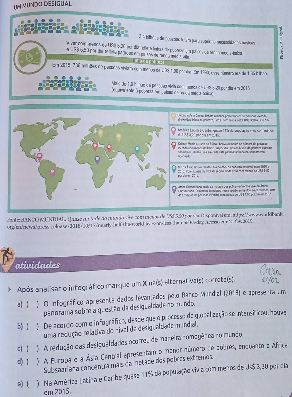 UM MUNDO DESIGUAL
3,4 bilhões de pessoas lutam para suprir as necessidades básicas. :
Viver com menos de US$ 3,20 por dia reflete linhas de pobreza em países de renda média-baixa,
de US$ 5,50 por dia reflete padrões em países de renda média-alta.
linha da pobreza
Em 2015, 736 milhões de pessoas viviam com menos de US$ 1,90 por dia. Em 1990, esse número era de 1,85 bilhão.
Mais de 1,9 bilhão de pessoas vivia com menos de US$ 3,20 por dia em 2015
(equivalente à pobreza em países de renda média-baixa)
ropa e Ásia Central tinham a menor porcentagem de pessoas vivendo
baixo das linhas de pobreza, isto é, com renda entre US$ 3,20 e US$ 5,50.
mérica Latina e Caribe: quase 11% da população vivia com menos
e US$ 3,20 por dia em 2015.
Oriente Médio e Norte da África: houve aumento do número de pessoas
vendo com menos de USS 1,90 por dia, mas os níveis de pobreza extrema
ão baixos. Quase uma em cada sete pessoas carece de saneamento
dequado
ul da Ásia: houve um declínio de 35% na pobreza extrema entre 1990 e
015. Porém, mais de 60% da região ainda vivia com menos de US$ 5,50
or dia em 2015
frica Subsaariana: mais da metade dos pobres extremos vive na África
ubsaanana. O numero de pobres nessa região aumentou em 9 milhões, com
13 milhões de pessoas vivendo com menos de USS 1,90 por dia em 2015.
Fonte: BANCO MUNDIAL. Quase metade do mundo vive com menos de US$ 5,50 por dia. Disponível em: https://www.worldbank.
org/en/news/press-release/2018/10/17/nearly-half-the-world-lives-on-less-than-550-a-day. Acesso em: 21 fev. 2019.
atividades
Após analisar o infográfico marque um X na(s) alternativa(s) correta(s).
a) ( ) O infográfico apresenta dados levantados pelo Banco Mundial (2018) e apresenta um
panorama sobre a questão da desigualdade no mundo.
b) ( ) De acordo com o infográfico, desde que o processo de globalização se intensificou, houve
uma redução relativa do nível de desigualdade mundial.
c)  ) A redução das desigualdades ocorreu de maneira homogênea no mundo.
d) ( ) A Europa e a Ásia Central apresentam o meñor número de pobres, enquanto a África
Subsaariana concentra mais da metade dos pobres extremos.
e) ( ) Na América Latina e Caribe quase 11% da população vivia com menos de Us$ 3,30 por dia
em 2015.