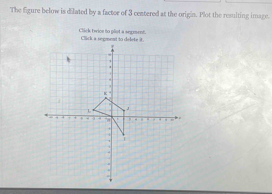 The figure below is dilated by a factor of 3 centered at the origin. Plot the resulting image. 
Click twice to plot a segment. 
Click a segment to delete it.