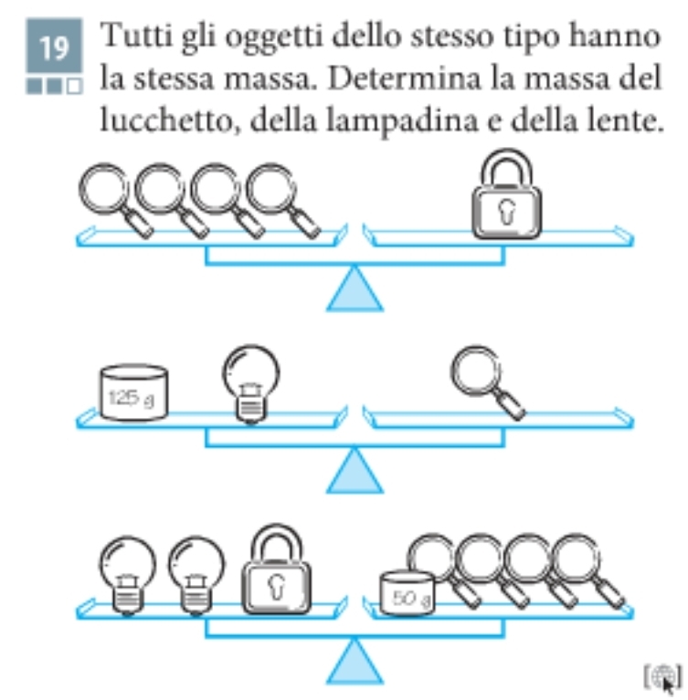 Tutti gli oggetti dello stesso tipo hanno 
la stessa massa. Determina la massa del 
lucchetto, della lampadina e della lente.