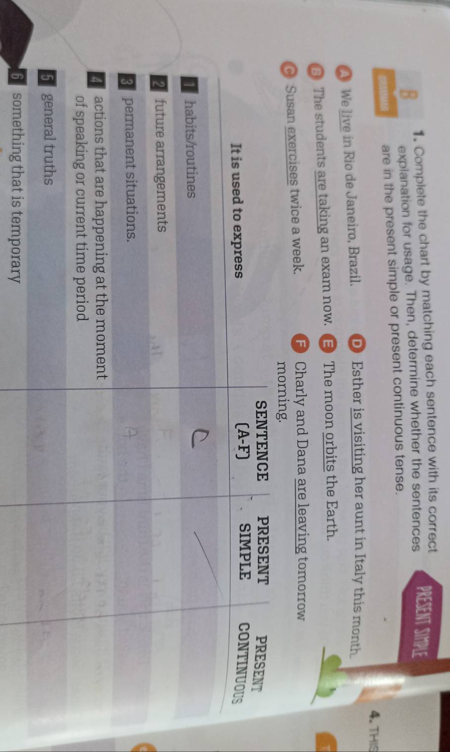 Complete the chart by matching each sentence with its correct
explanation for usage. Then, determine whether the sentences PRESENT SIMPLE
are in the present simple or present continuous tense.
4. THIS
A We live in Rio de Janeiro, Brazil. D Esther is visiting her aunt in Italy this month.
B The students are taking an exam now. E The moon orbits the Earth.
Susan exercises twice a week.
F Charly and Dana are leaving tomorrow
porary