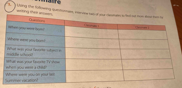 maire 
1. ) Using the following questionnaire, int 
writing thei