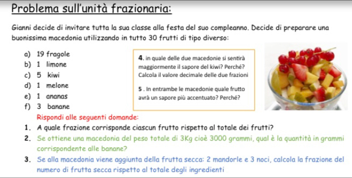 Problema sull'unità frazionaria: 
Gianni decide di invitare tutta la sua classe alla festa del suo compleanno. Decide di preparare una 
buonissima macedonia utilizzando in tutto 30 frutti di tipo diverso: 
a) 19 fragole 4. in quale delle due macedonie si sentirà 
b) 1 limone maggiormente il sapore del kiwi? Perché? 
c) 5 kiwi Calcola il valore decimale delle due frazioni 
d) 1 melone 5. In entrambe le macedonie quale frutto 
e) 1 ananas avrà un sapore più accentuato? Perché? 
f) 3 banane 
Rispondi alle seguenti domande: 
1. A quale frazione corrisponde ciascun frutto rispetto al totale dei frutti? 
2. Se ottiene una macedonia del peso totale di 3Kg cioè 3000 grammi, qual è la quantità in grammi 
corrispondente alle banane? 
3. Se alla macedonia viene aggiunta della frutta secca: 2 mandorle e 3 noci, calcola la frazione del 
numero di frutta secca rispetto al totale degli ingredienti