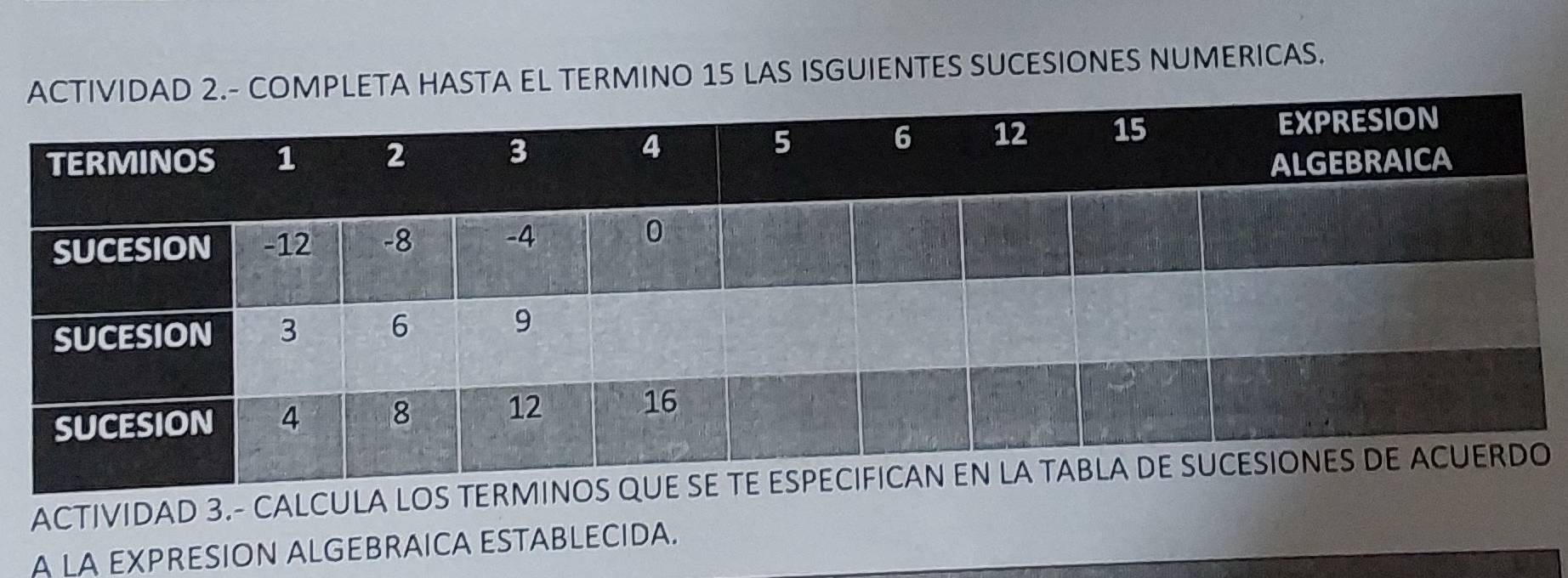 STA EL TERMINO 15 LAS ISGUIENTES SUCESIONES NUMERICAS. 
ACTIVIDAD 3.- CALCULA LOS 
A LA EXPRESION ALGEBRAICA ESTABLECIDA.