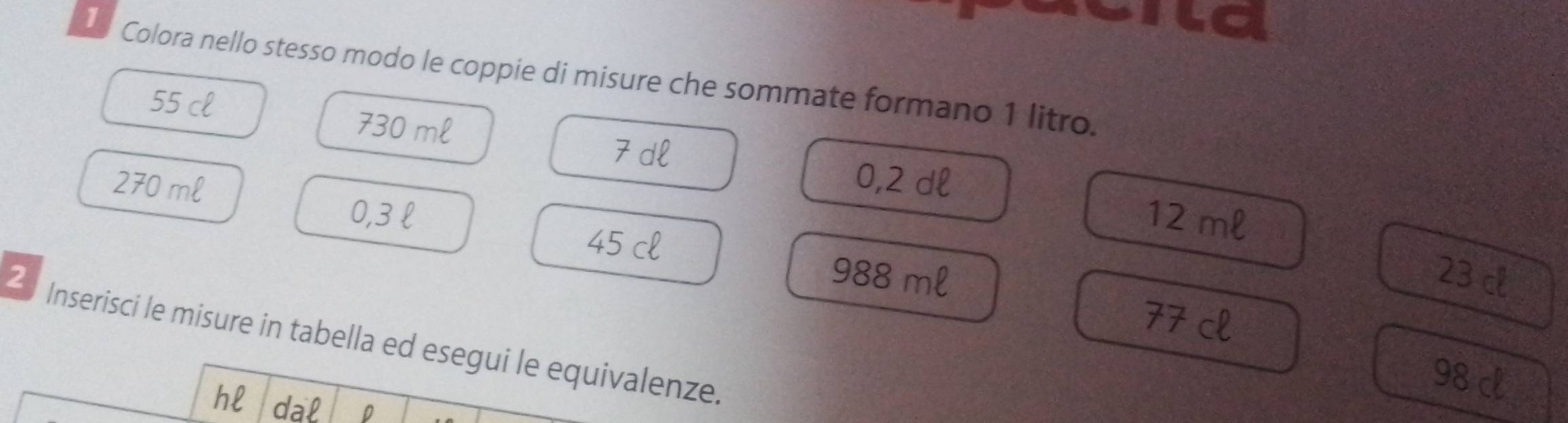 Colora nello stesso modo le coppie di misure che sommate formano 1 litro.
55
730 ml
270 ml
0,2 dl
0,3 l 12 ml
988 ml 23 c
T 
21 Inserisci le misure in tabella ed esegui le equivalenze.
98 c
hl dal D