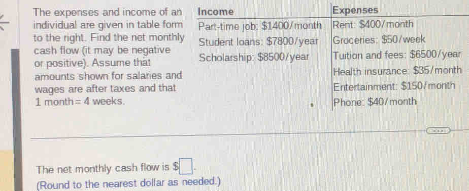 The expenses and income of 
individual are given in table for 
to the right. Find the net mont 
cash flow (it may be negative 
or positive). Assume that 
amounts shown for salaries an 
wages are after taxes and tha
1 month = 4 weeks. 
The net monthly cash flow is 5 □. 
(Round to the nearest dollar as needed.)