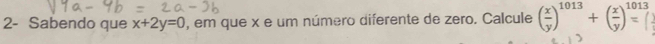 2- Sabendo que x+2y=0 , em que x e um número diferente de zero. Calcule ( x/y )^1013+( x/y )^1013=