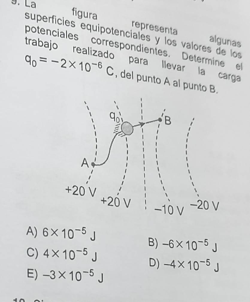 La
figura representa algunas
superfícies equipotenciales y los valores de los
potenciales correspondientes. Determine e
trabajo realizado para llevar la carga
q_0=-2* 10^(-6)C , del punto A al punto B.
A) 6* 10^(-5)J
B) -6* 10^(-5)
C) 4* 10^(-5)J
D) -4* 10^(-5)J
E) -3* 10^(-5)J