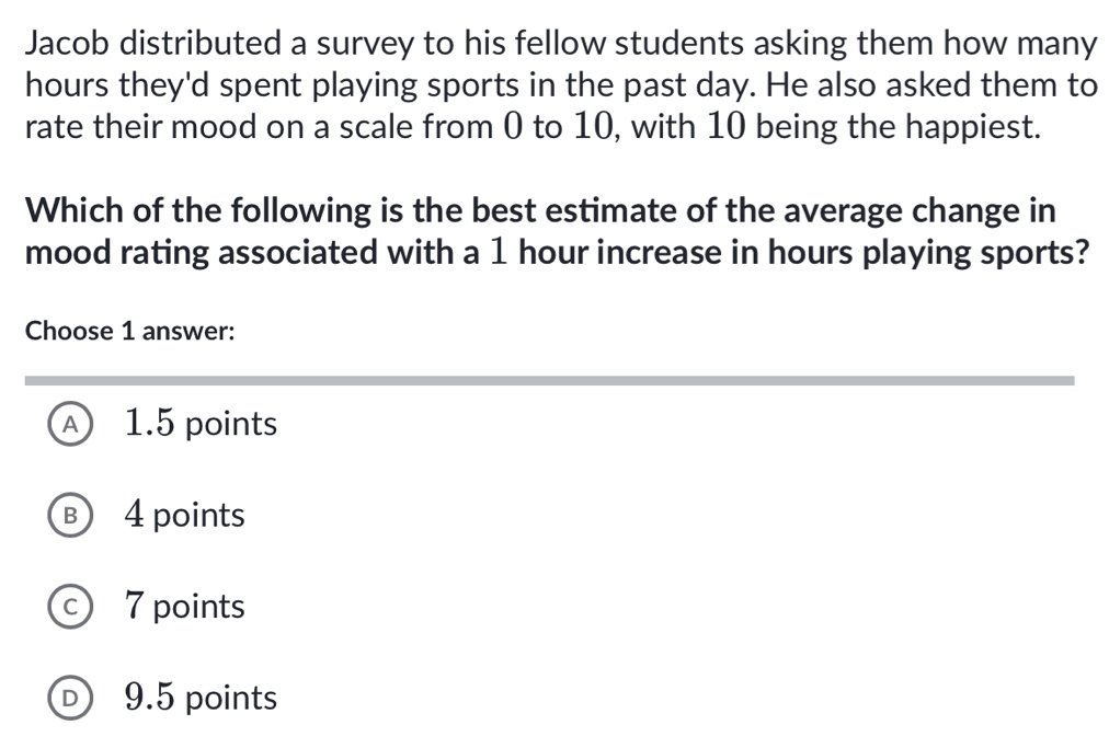 Jacob distributed a survey to his fellow students asking them how many
hours they'd spent playing sports in the past day. He also asked them to
rate their mood on a scale from 0 to 10, with 10 being the happiest.
Which of the following is the best estimate of the average change in
mood rating associated with a 1 hour increase in hours playing sports?
Choose 1 answer:
A 1.5 points
B 4 points
c 7 points
D 9.5 points