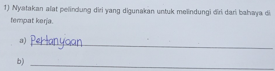 Nyatakan alat pelindung diri yang digunakan untuk melindungi diri dari bahaya di 
tempat kerja. 
a)_ 
b)_