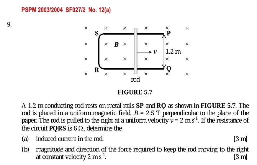 PSPM 2003/2004 SF027/2 No. 12(a) 
9. 
FIGURE 5.7 
A 1.2 m conducting rod rests on metal rails SP and RQ as shown in FIGURE 5.7. The 
rod is placed in a uniform magnetic field, B=2.5T perpendicular to the plane of the 
paper. The rod is pulled to the right at a uniform velocity v=2ms^(-1). If the resistance of 
the circuit PQRS is 6 Ω, determine the 
(a) induced current in the rod. [3 m ] 
(b) magnitude and direction of the force required to keep the rod moving to the right 
at constant velocity 2ms^(-1). [ 3 m ]