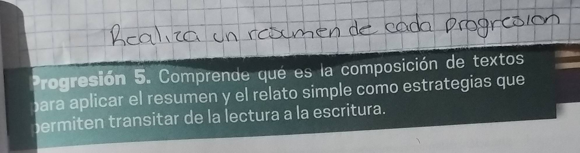 Progresión 5. Comprende qué es la composición de textos 
bara aplicar el resumen y el relato simple como estrategias que 
permiten transitar de la lectura a la escritura.