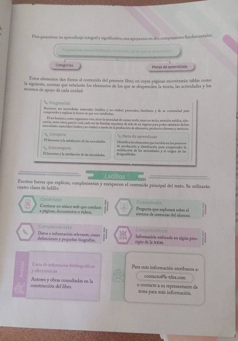 Para garantizar un aprendizaje integral y significativo, nos apoyamos en dos componentes fundamentales:
Progresiones desarvolisdas por el mocyms, de las que se desprendan
Categorias. Metas de aprendizaje.
Estos elementos dan forma al contenido del presente libro, en cuyas páginas encontrarán tablas como
la siguiente, mismas que señalarán los elementos de los que se desprenden la teoría, las actividades y los
recursos de apoyo de cada unidad:
Progresión
Reconoce sus necesidades materiales (visibles y no vitales) personales, familiares y de su comunidad para
comprender y explicar la forma en que son satisfechas.
El ser humano, como organismo vivo, tiene la necesidad de comer, vestir, tener un techo, atención médica, edu-
cación, entre otros, para lo cual, cada vez las familias requieren de más de un ingreso para poder satisfacer dichas
necesidades materiales (vitales y no vitales) a través de la producción de alimentos, productos diversos y servicios.
6 Categoría Meta de aprendizaje
a
El bienestar y la satisfacción de las necesidades. Identifica los elementos que inciden en los procesos
de producción y distribución para comprender la
Subcategoria satisfacción de las necesidades y el origen de las
El bienestar y la satisfacción de las necesidades. desigualdades.
Ladillos
Escritos breves que explican, complementan y enriquecen el contenido principal del texto. Se utilizarán
cuatro clases de ladillo:
Conéctate Cuestionate
Contiene un enlace web que conduce Pregunta que explorará sobre el
a páginas, documentos o videos. sistema de creencias del alumno.
Compleméntate Comprométete
Datos e información relevante, como  Información enfocada en algún prin-
definiciones y pequeñas biografías. cipio de la NEM.
Lista de referencias bibliográficas  Para más información escríbanos a:
y electrónicas contacto@k-tdra.com
Autores y obras consultadas en la o contacte a su representante de
construcción del libro.
zona para más información.