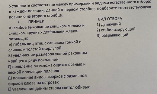 Установите соответствие между примерами и видами естественного отбора:
κ каждой πозиции, данной в лервом столбце, подберите соответствуюшую
позицию из второго столбца.
ПPИМΕΡ ΒИД ΟтБOPΑ
А) слабое выивание слишком мелких и 1) движуший
слишком крулных деτенышей млеко- 2) стабилизируюший
литаюШих 3) разрывающий
Б) гибель яиц πτиц с слишком Τонкой и
слишком ΤолсΤοй скорлупοй
Β) увеличение размеров ушной раковины
γ зайцев в ряду поколений
Г) появление размножающихся осенью и
весной популяций полёвок
Д) появление видов выюрков с различной
формой клюова на островах
Ε) увеличение длины ствола светолюбивых