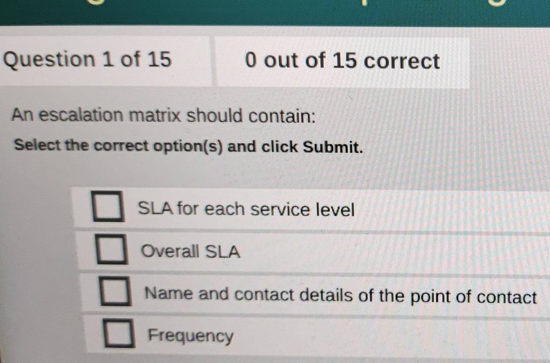 out of 15 correct
An escalation matrix should contain:
Select the correct option(s) and click Submit.
SLA for each service level
Overall SLA
Name and contact details of the point of contact
Frequency