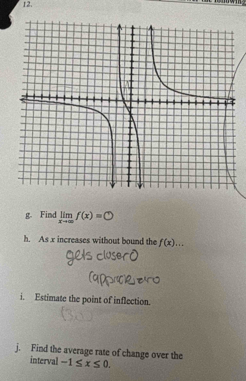 Wing 
g. Find limlimits _xto ∈fty f(x)= C 
h. As x increases without bound the f(x)... 
i. Estimate the point of inflection. 
j. Find the average rate of change over the 
interval -1≤ x≤ 0.