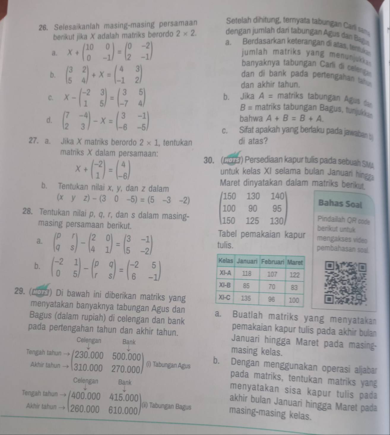 Selesaikanlah masing-masing persamaan Setelah dihitung, ternyata tabungan Carli sam
berikut jika X adalah matriks berordo 2* 2. dengan jumlah dari tabungan Agus dan Bagu
a. X+beginpmatrix 10&0 0&-1endpmatrix =beginpmatrix 0&-2 2&-1endpmatrix
a. Berdasarkan keterangan di atas, tentuka
jumlah matriks yang menunjukkan 
banyaknya tabungan Carli di celengan
b. beginpmatrix 3&2 5&4endpmatrix +X=beginpmatrix 4&3 -1&2endpmatrix dan di bank pada pertengahan tah 
dan akhir tahun.
C. X-beginpmatrix -2&3 1&5endpmatrix =beginpmatrix 3&5 -7&4endpmatrix b. Jika A= matriks tabungan Agus dan
B= matriks tabungan Bagus, tunjukkan
bahwa A+B=B+A.
d. beginpmatrix 7&-4 2&3endpmatrix -X=beginpmatrix 3&-1 -6&-5endpmatrix c. Sifat apakah yang berlaku pada jawaban b
27. a. Jika X matriks berordo 2* 1 , tentukan di atas?
matriks X dalam persamaan:
X+beginpmatrix -2 1endpmatrix =beginpmatrix 4 -6endpmatrix
30. (LCS) Persediaan kapur tulis pada sebuah SMA
untuk kelas XI selama bulan Januari hingga
b. Tentukan nilai x, y, dan z dalam
Maret dinyatakan dalam matriks berikut.
Bahas Soal
(xyz)-(30-5)=(5-3-2) beginpmatrix 150&130&140 100&90&95 150&125&130endpmatrix Pindailah QR code
28. Tentukan nilai p, q, r, dan s dalam masing-
masing persamaan berikut.
berikut untuk
a. beginpmatrix p&r q&sendpmatrix -beginpmatrix 2&0 4&1endpmatrix =beginpmatrix 3&-1 5&-2endpmatrix
Tabel pemakaian kapur mengakses video
tulis. pembahasan soal.
b. beginpmatrix -2&1 0&5endpmatrix -beginpmatrix p&q r&sendpmatrix =beginpmatrix -2&5 6&-1endpmatrix
I
29. (cor) Di bawah ini diberikan matriks yang
menyatakan banyaknya tabungan Agus dan a. Buatlah matriks yang menyatakan
Bagus (dalam rupiah) di celengan dan bank pemakaian kapur tulis pada akhir bulan
pada pertengahan tahun dan akhir tahun. Januari hingga Maret pada masing-
Celengan Bank
masing kelas.
Tengah tahun Rightarrow beginpmatrix 230.000&500.000 310.000&270.000endpmatrix (i) Tabungan Agus b. Dengan menggunakan operasi aljabar
Akhir tahun
pada matriks, tentukan matriks yang
Celengan Bank
menyatakan sisa kapur tulis pada
Tengah tahun /400 415.000
akhir bulan Januari hingga Maret pada
(ii) Tabungan Bagus
Akhir tahun 260.000 610.000
400.000 masing-masing kelas.