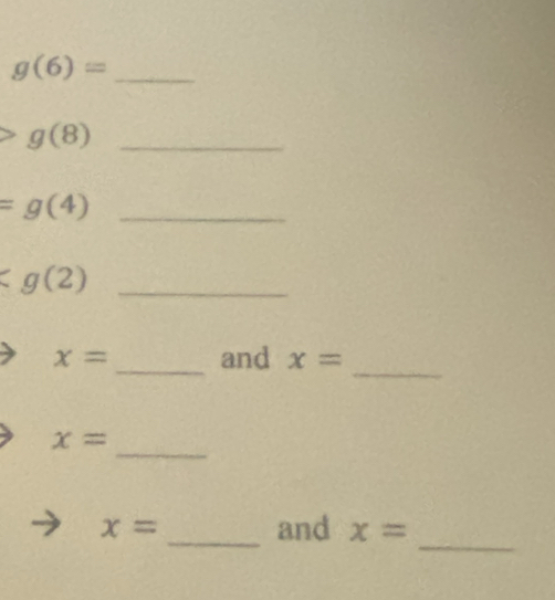 g(6)=
_ g(8)
_ =g(4)
_
_
x= _and x=
_
x=
_
x= _and x=