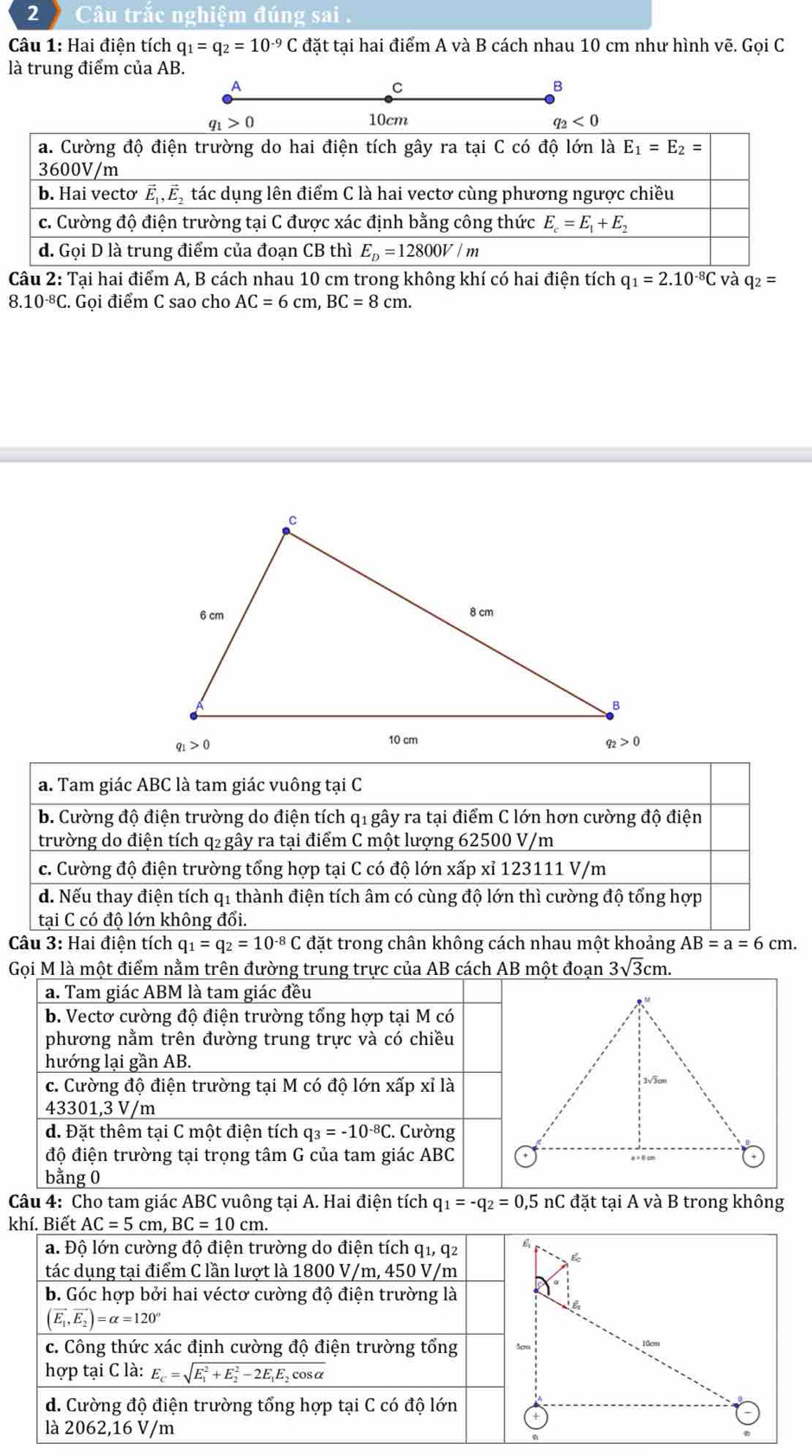 Câu trắc nghiệm đúng sai .
Câu 1: Hai điện tích q_1=q_2=10^(-9)C đặt tại hai điểm A và B cách nhau 10 cm như hình vẽ. Gọi C
là trung điểm của AB.
A
C
B
Câu 2: Tại hai điểm A, B cách nhau 10 cm trong không khí có hai điện tích q_1=2.10^(-8)C và q_2=
8.10^(-8)C C. Gọi điểm C sao cho AC=6cm,BC=8cm.
a. Tam giác ABC là tam giác vuông tại C
b. Cường độ điện trường do điện tích qi gây ra tại điểm C lớn hơn cường độ điện
trường do điện tích q₂ gây ra tại điểm C một lượng 62500 V/m
c. Cường độ điện trường tổng hợp tại C có độ lớn xấp xỉ 123111 V/m
d. Nếu thay điện tích q1 thành điện tích âm có cùng độ lớn thì cường độ tổng hợp
tai C có đô lớn không đổi.
Câu 3: Hai điện tích q_1=q_2=10^(-8)C đặt trong chân không cách nhau một khoảng AB=a=6cm.
Gọi M là một điểm nằm trên đường trung trực của AB cách AB một đoạn 3sqrt(3)cm.
Câu 4: Cho tam giác ABC vuông tại A. Hai điện tích q_1=-q_2=0,5nC đặt tại A và B trong không
khí. Biết AC=5cm,BC=10cm.
a. Độ lớn cường độ điện trường do điện tích q1, q2 
tác dụng tại điểm C lần lượt là 1800 V/m, 450 V/m
b. Góc hợp bởi hai véctơ cường độ điện trường là
(vector E_1,vector E_2)=alpha =120°
c. Công thức xác định cường độ điện trường tổng
hợp tại C là: E_c=sqrt (E_1)^2+E_2^(2-2E_1)E_2cos alpha 
d. Cường độ điện trường tổng hợp tại C có độ lớn
là 2062,16 V/m