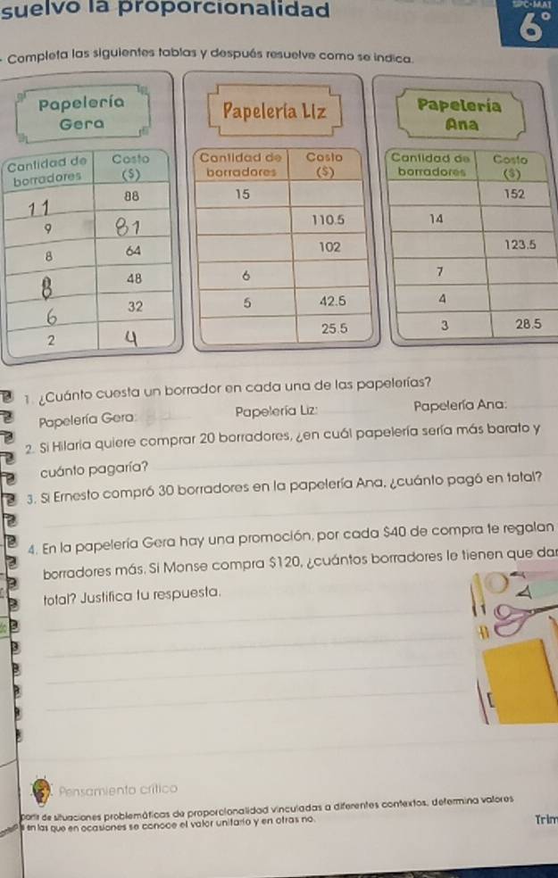 suelvo la proporcionalidad 
C+ MAT 
- Completa las siguientes tablas y después resuelve como se indica. 
Papelería Papelería Liz Papelería 
Gera Ana 
1. ¿Cuánto cuesta un borrador en cada una de las papelerías? 
Papelería Gera Papelería Liz: Papelería Ana: 
2. Si Hilaria quiere comprar 20 borradores, ¿en cuál papelería sería más barato y 
cuánto pagaría? 
3. Si Ernesto compró 30 borradores en la papelería Ana, ¿cuánto pagó en tatal? 
4. En la papelería Gera hay una promoción, por cada $40 de compra te regalan 
borradores más. Si Monse compra $120, ¿cuántos borradores le tienen que das 
total? Justifica tu respuesta. 
Pensamiento crítico 
portr de situaciones problemáticas de proporcionalidad vinculadas a diferentes contextos, defermina valores 
en las que en ocasiones se conoce el valor unifarío y en otras no. Trin