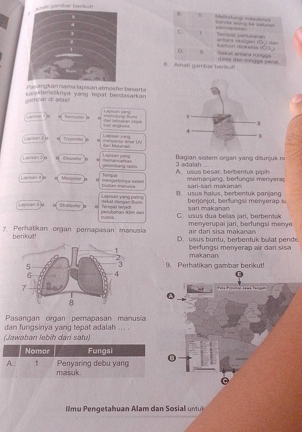 ambar berikut!
B. 5 Melindungi masuknya
benda asing ke saluran
perapason
C 7 Tempal pertukaran
antara oksigen O: )  dan
karbon dioksida (CO_1)
D. B Sakat antara rongga
dada dan rongga perul.
B. Amati gambar berikut!
Pasangkan nama lapisan atmosfer beserta
karakteristiknya yang tepat berdasarkan
gambar di atas!
Lapisan yan
melindungi Bumi
Lapisan Termosfer b dan tabrakan objek
luar angkasa
Lapisan yang
Lapisan 2 jo a Troposfer  a menyerap sinar UV
dari Matahari.
Lapisan yang
Lapisan 3o Eksosfer memancarkan Bagian sistem organ yang ditunjuk n
gelombang radio. 3 adalah
A. usus besar, berbentuk pipih
Tempat
Lapisan 4 a Mesosfer mengorbitnya satelit memanjang, berfungsi menyerap
buatan manusia sari-sari makanan
B. usus halus, berbentuk panjang
Lapisan yang paling
dekat dengan Bumi. berjonjot, berfungsi menyerap s
Lapisan 5) Stratosfer a Tempat terjadi sari makanan
perubahan iklim dan
cuaca C. usus dua belas jari, berbentuk
menyerupai jari, berfungsi menye
7. Perhatikan organ pernapasan manusia air dari sisa makanan
berikut! D. usus buntu, berbentuk bulat pende
berfungsi menyerap air dari sisa
makanan
9. Perhatikan gambar berikut!
Pasangan organ pernapasan manusia
dan fungsinya yang tepat adalah ... .
(Jawaban lebih dari satu)
Nomor Fungsi
A. 1 Penyaring debu yang
masuk.
Ilmu Pengetahuan Alam dan Sosial untuk