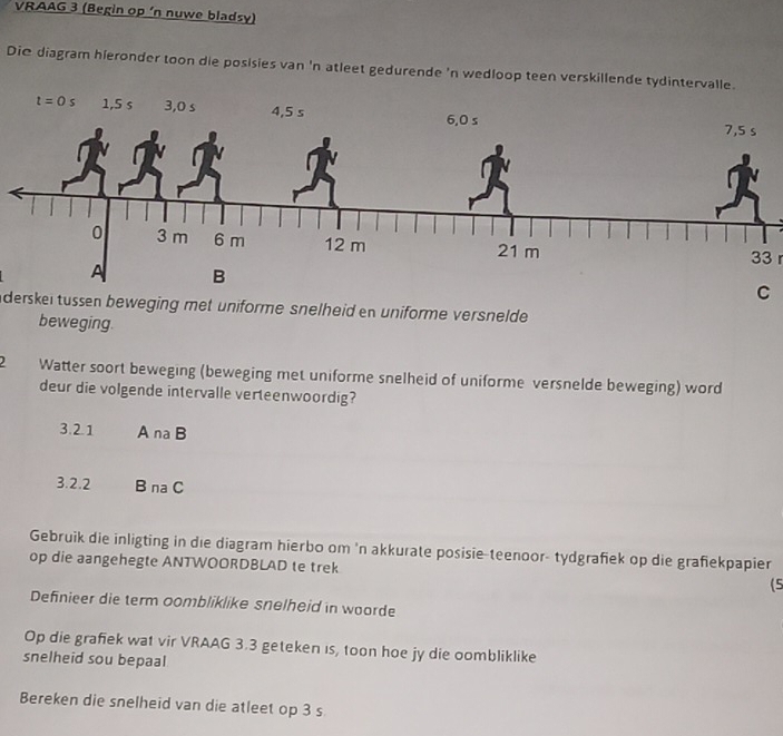 VRAAG 3 (Begin op 'n nuwe bladsy)
Die diagram hieronder toon die posisies van 'n atleet gedurende 'n wedloop teen verskillende tydintervalle.
33r
C
derskeitussen beweging met uniforme snelheid en uniforme versnelde 
beweging.
) Watter soort beweging (beweging met uniforme snelheid of uniforme versnelde beweging) word
deur die volgende intervalle verteenwoordig?
3.2.1 A na B
3.2.2 B na C
Gebruik die inligting in die diagram hierbo om 'n akkurate posisie-teenoor- tydgrafiek op die grafiekpapier
op die aangehegte ANTWOORDBLAD te trek (5
Definieer die term oombliklike snelheid in woorde
Op die grafiek wat vir VRAAG 3.3 geteken is, toon hoe jy die oombliklike
snelheid sou bepaal
Bereken die snelheid van die atleet op 3 s