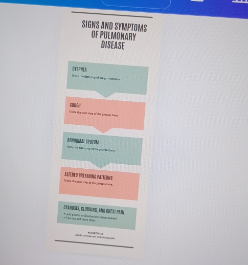 SIGNS AND SYMPTOMS OF PULMONARY 
DISEASE 
DYSPNEA 
Write the first soep of the genness bave. 
COUGH 
Write the ment step of the procens hare. 
ABNORMAL SPUTUM 
Mrite the nest riep of the puocans bare 
ALTERED BREATHING PATTERMS 
Wrise the nont sep of the procuss hare, 
CYANöStS, CLüBBING, ANd CHESt PAiN. 
* Add phots or diustrations when meaded * You con add éoré 1990= 
Con ta conecau seat in ci intagn
