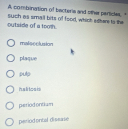 A combination of bacteria and other particles, "
such as small bits of food, which adhere to the
outside of a tooth.
malocclusion
plaque
pulp
halitosis
periodontium
periodontal disease