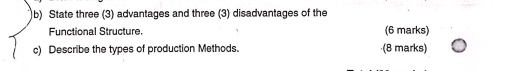 State three (3) advantages and three (3) disadvantages of the 
Functional Structure. (6 marks) 
c) Describe the types of production Methods. (8 marks)