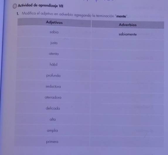 Actividad de aprendizaje VII 
1. Modifica el adjetivo en adv