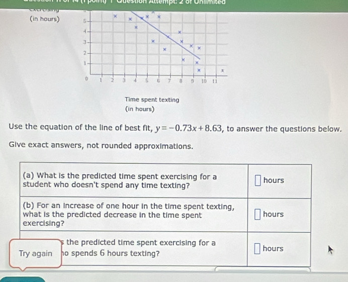 Otestion Attempt: 2 of Unlimited 
× 
^ 
(in hours) 5 x × ×
4 - × 
×
3
× × 
×
2
× ×
1
× × 
× x
。 1 2 j 4 5 6 7 8 5 10 tì 
Time spent texting 
(in hours) 
Use the equation of the line of best fit, y=-0.73x+8.63 , to answer the questions below. 
Give exact answers, not rounded approximations. 
(a) What is the predicted time spent exercising for a hours
student who doesn't spend any time texting? 
(b) For an increase of one hour in the time spent texting, 
what is the predicted decrease in the time spent hours
exercising? 
the predicted time spent exercising for a hours
Try again ho spends 6 hours texting?