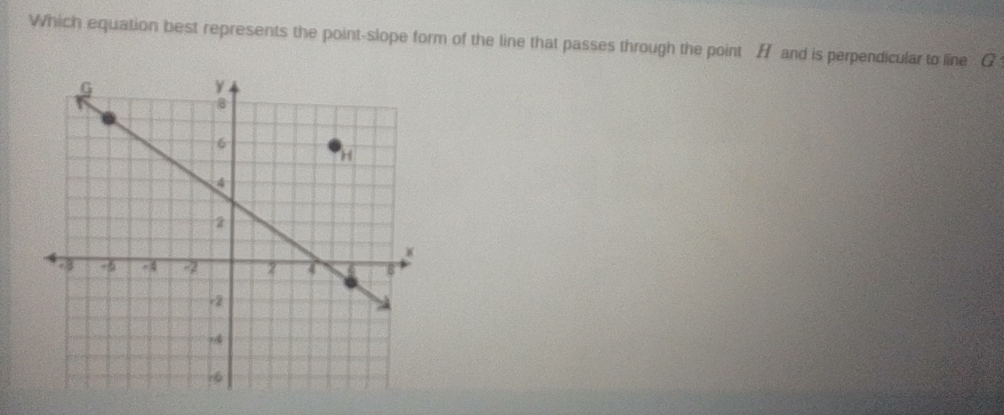 Which equation best represents the point-slope form of the line that passes through the point H and is perpendicular to line G