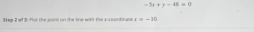 -5x+y-48=0
Step 2 of 3: Plot the point on the line with the x-coordinate x=-10.