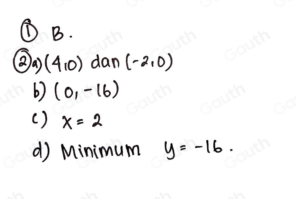 ①B.
(4,0) dan (-2,0)
b) (0,-16)
( ) x=2
d) Minimum y=-16.