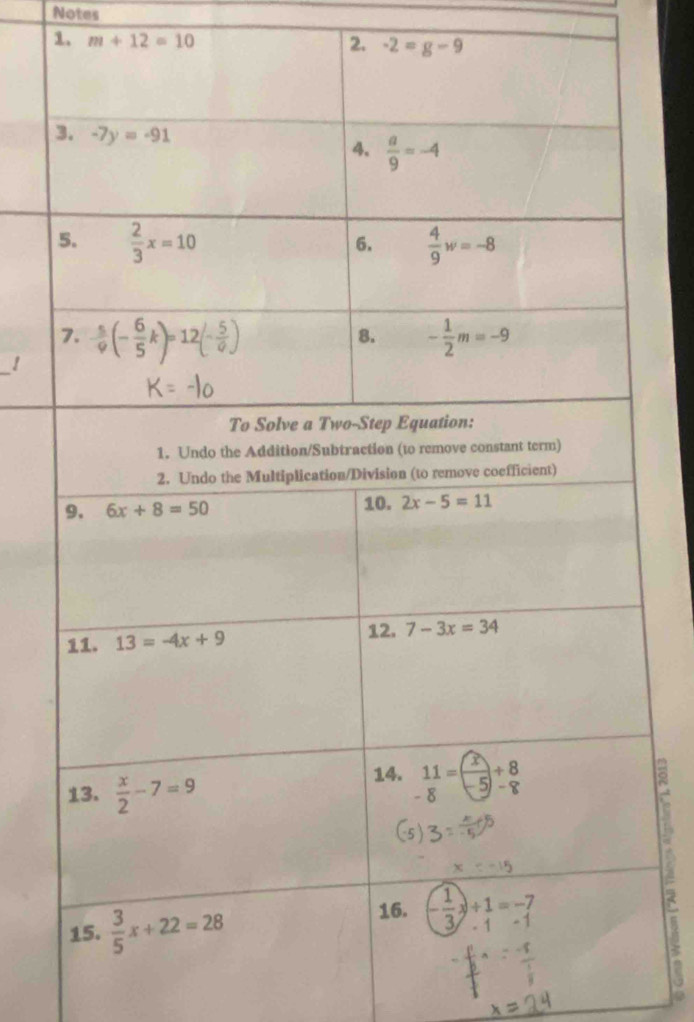 Notes
1. m+12=10 2. -2=g-9