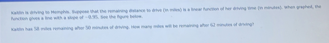 Kaitlin is driving to Memphis. Suppose that the remaining distance to drive (in miles) is a linear function of her driving time (in minutes). When graphed, the 
function gives a line with a slope of -0.95. See the figure below. 
Kaitlin has 58 miles remaining after 50 minutes of driving. How many miles will be remaining after 62 minutes of driving?