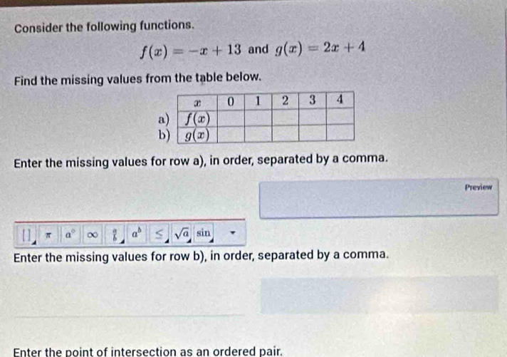 Consider the following functions.
f(x)=-x+13 and g(x)=2x+4
Find the missing values from the table below.
Enter the missing values for row a), in order, separated by a comma.
Preview
π a° ∞ a^b sqrt(a) sin
Enter the missing values for row b), in order, separated by a comma.
Enter the point of intersection as an ordered pair.