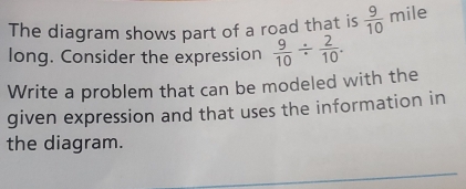 The diagram shows part of a road that is frac 9(10)° mile
long. Consider the expression  9/10 /  2/10 . 
Write a problem that can be modeled with the 
given expression and that uses the information in 
the diagram.