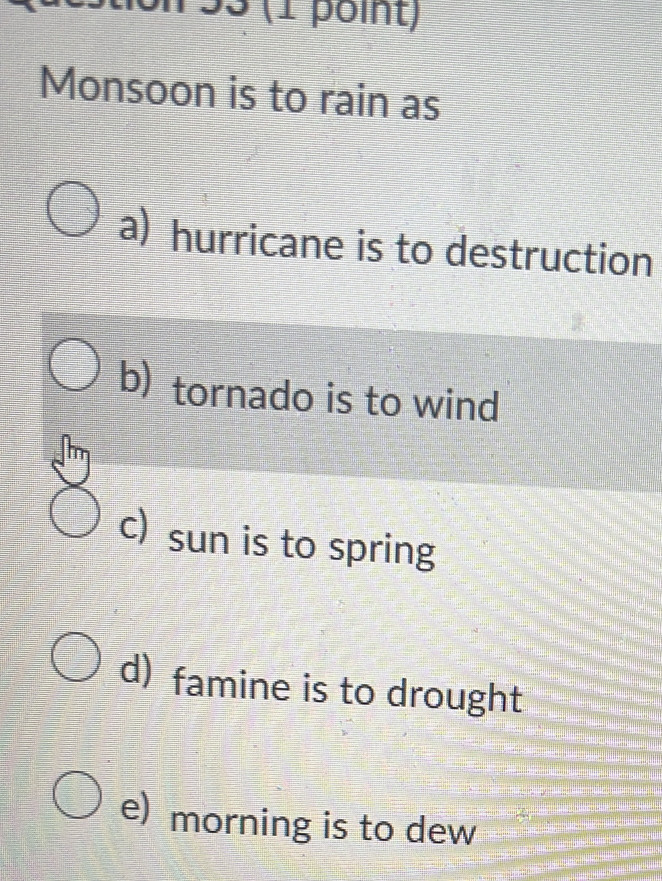 3 (1 point)
Monsoon is to rain as
a) hurricane is to destruction
b) tornado is to wind
c) sun is to spring
d) famine is to drought
e) morning is to dew