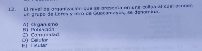 El nivel de organización que se presenta en una collpa al cual acuden
un grupo de Loros y otro de Guacamayos, se denomina:
A) Organismo
B) Población
C) Comunidad
D) Celular
E) Tisular