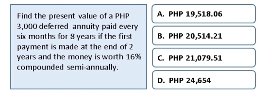 Find the present value of a PHP A. PHP 19,518.06
3,000 deferred annuity paid every
six months for 8 years if the first B. PHP 20,514.21
payment is made at the end of 2
years and the money is worth 16% C. PHP 21,079.51
compounded semi-annually.
D. PHP 24,654